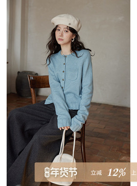 夕蒙2025新款冬季韩系气质流行巨好看针织衫小个子蓝色毛衣开衫女
