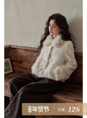 夕蒙2026新款冬季设计感小众高级感小个子羊羔毛毛领毛绒白色外套
