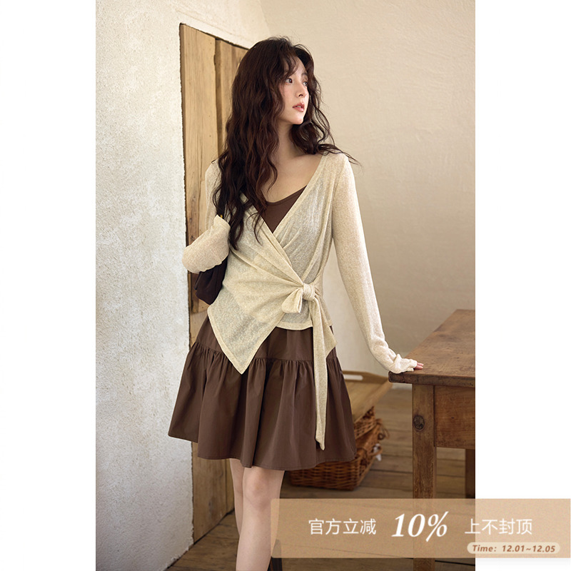 夕蒙2025新款秋季韩系气质小个子小众别致独特长袖t恤连衣裙套装