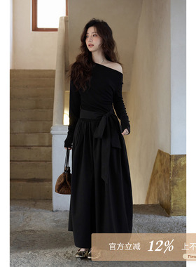 夕蒙2026新款春季韩系气质小众裙子独特斜肩巨好看绝美黑色连衣裙