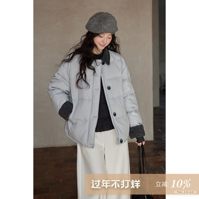 夕蒙2025新款冬季韩系设计感小个子保暖撞色拼接翻领羽绒服外套女