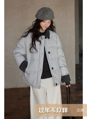 夕蒙2025新款冬季韩系设计感小个子保暖撞色拼接翻领羽绒服外套女