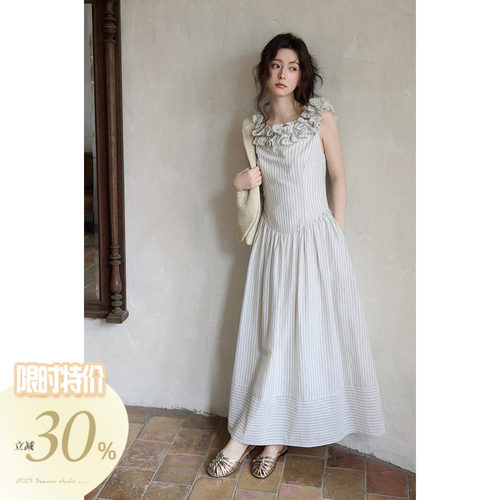 【大额立减】夏韩系漂亮好看裙子条纹木耳边设计感一字领连衣裙女