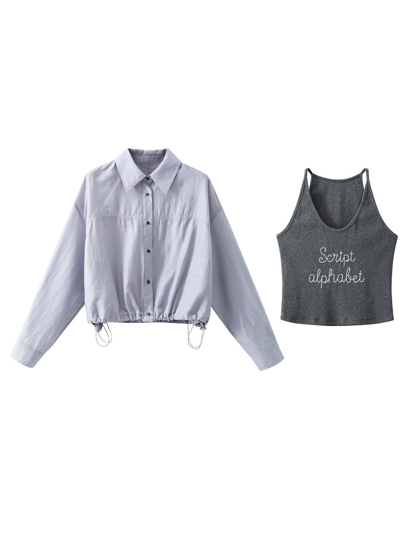 Light gray cropped button-up jacket and dark gray tank top on a white background