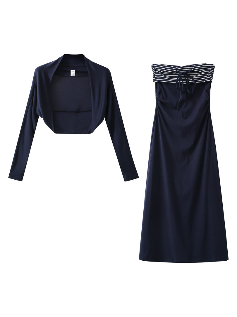 Navy strapless dress with matching long-sleeve shrug on white background