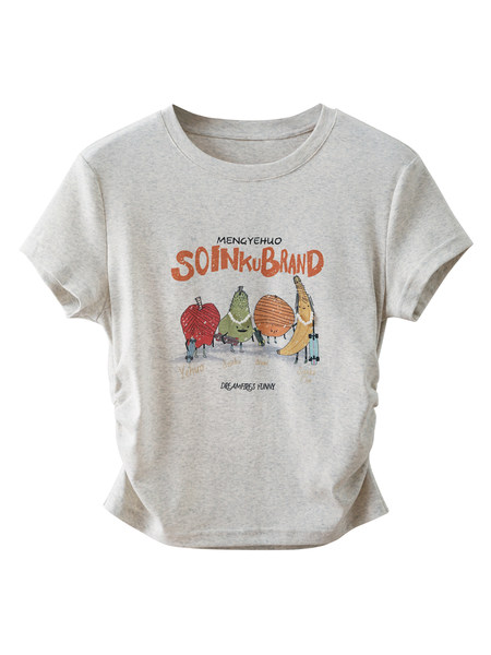 Light gray short-sleeve printed T-shirt with cartoon graphic and text on the front