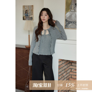 夕蒙2026新款秋季韩系针织两件套装短款修身灰色内搭背心开衫外套
