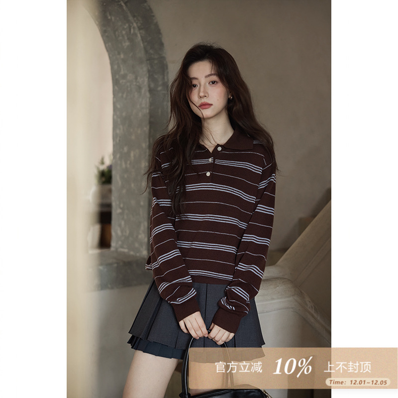 夕蒙2025新款秋韩系小众上衣高级慵懒咖色Polo领条纹长袖针织衫女