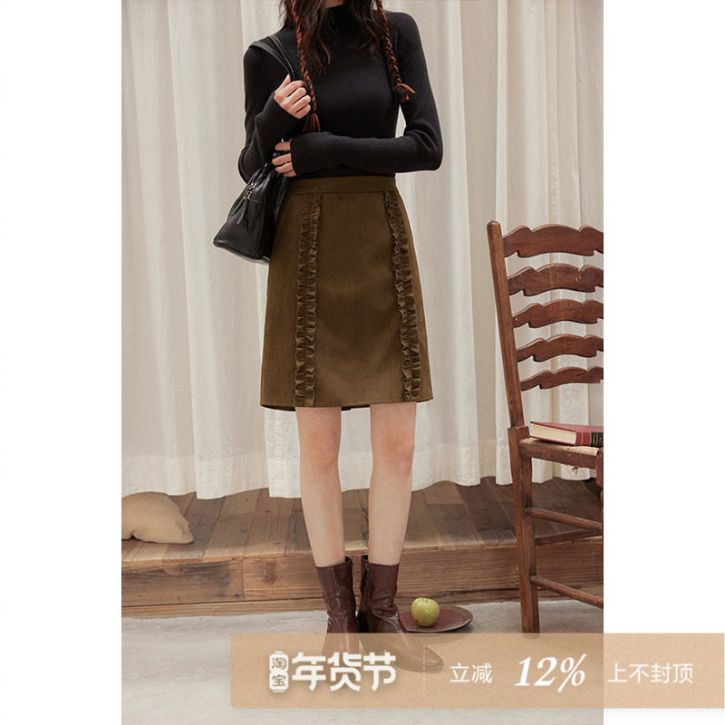 夕蒙2025新款冬季绝美独特漂亮小个子直筒裙高腰咖色麂皮半身裙女