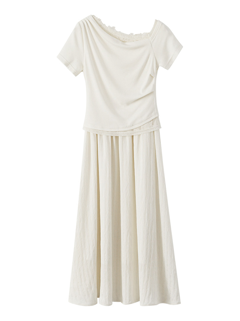 White off-shoulder short-sleeve dress with a flowing skirt on a white background