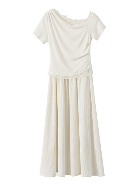 White off-shoulder short-sleeve dress with a flowing skirt on a white background