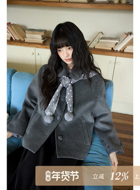 夕蒙2025新款冬季慵懒高级感独特小众洋气气质夹棉灰色毛呢厚外套