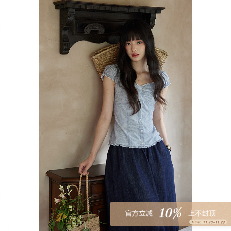 夕蒙2025新款夏韩系气质上衣减龄洋气高级感小众时尚蓝色条纹衬衫