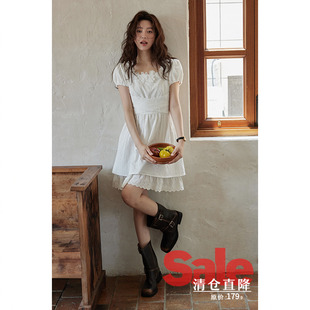 连衣裙女 夏韩系绝美裙子设计感气质高级白色蕾丝短袖 清仓秒杀