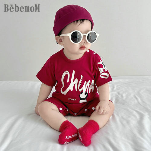 男女宝婴儿夏装棉质短袖哈衣爬服洋气外出服红色熊猫潮款衣服