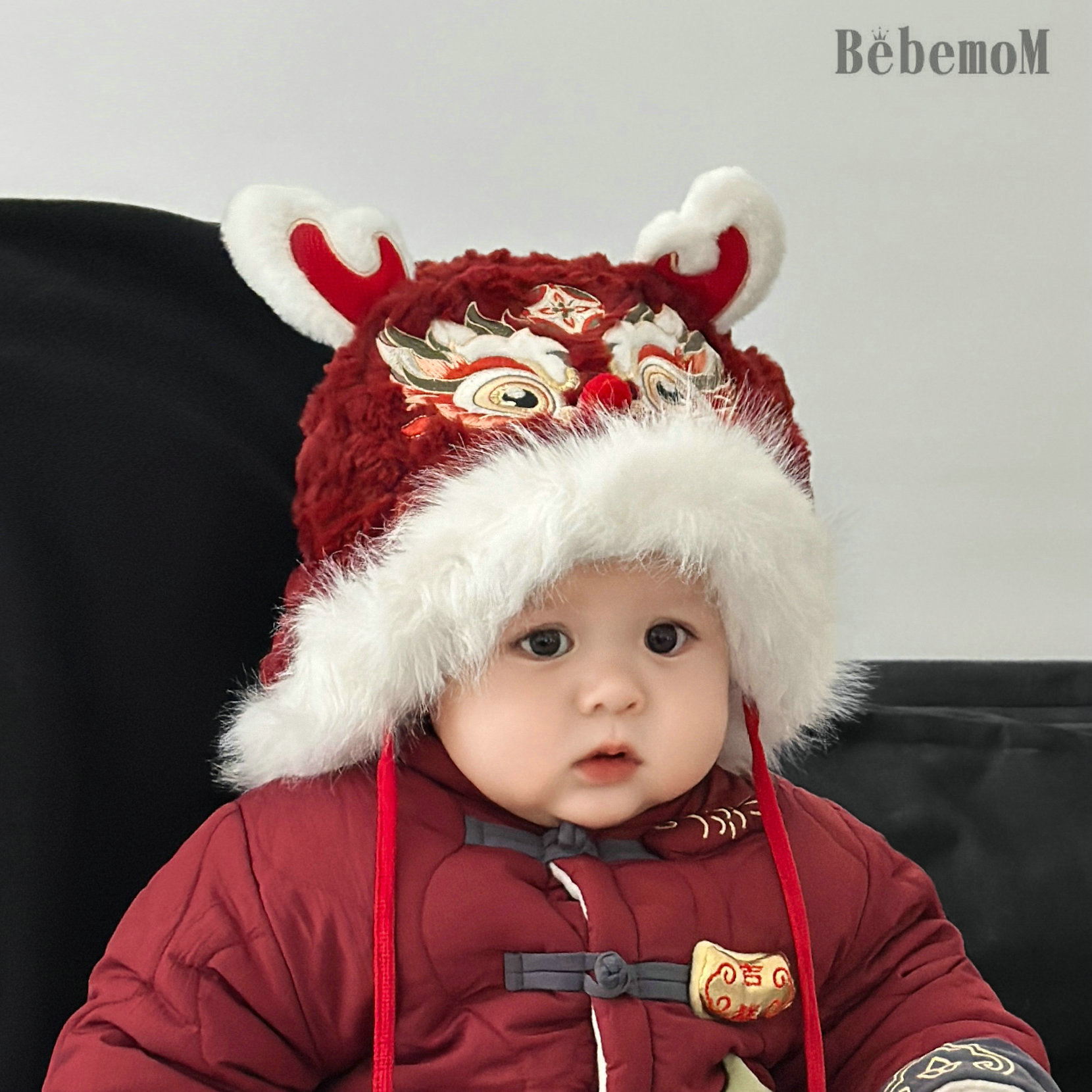婴儿帽子冬季新款红色新年虎头帽喜庆婴幼儿防风毛线帽