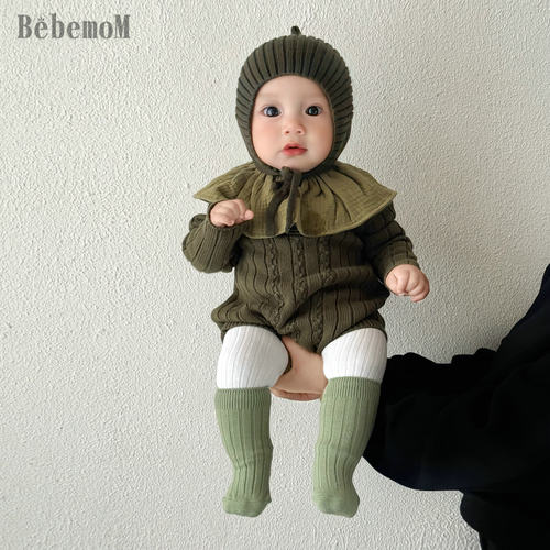 春秋冬新款韩版婴幼儿宝宝绿色针织衫哈衣宽松套头长袖三角爬毛衣