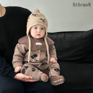婴儿衣服春秋冬装新款男童针织连体衣可爱女宝宝樱桃毛衣外出爬服