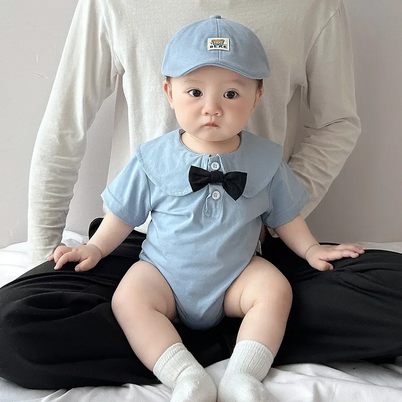 夏季男宝宝领结绅士爬服婴儿短袖连体衣满月百日周岁礼服外出爬服