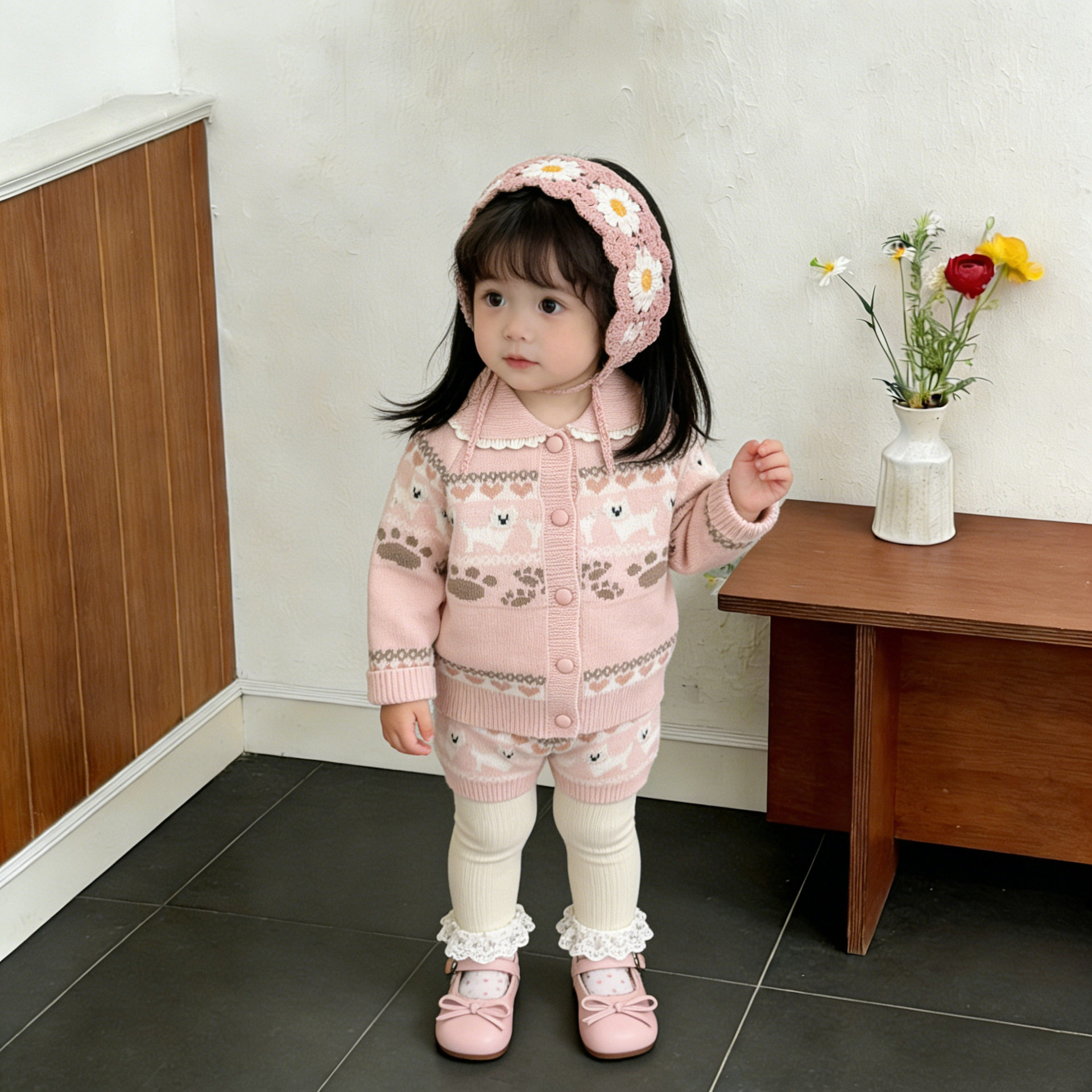超好看针织套装春季女童粉色甜美时尚毛衣休闲裤子分体可爱两件套