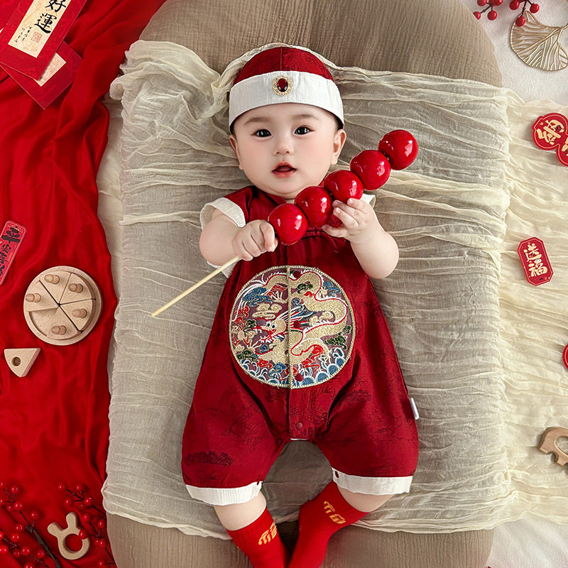 男童新中式喜庆连体衣爬服宝宝夏季满月宴周岁宴礼服哈衣爬服5303