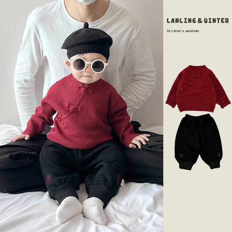 新中式拜年服套装婴儿红色加厚