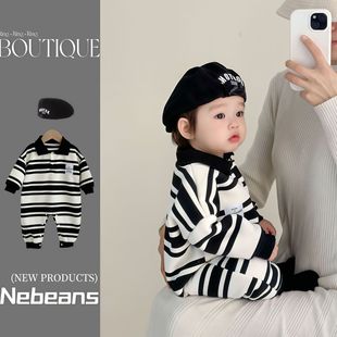 25春秋季婴儿衣服男宝潮款绅士翻领连身衣爬服色织条纹棉黑白条纹