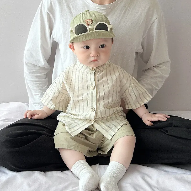 夏季韩版酷帅小男孩套装婴儿洋气条纹薄款纯棉衬衫夏天时髦外出服