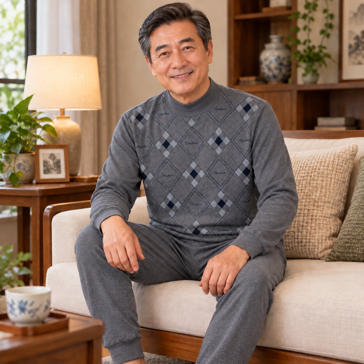中老年人秋衣秋裤套装男士纯棉薄款保暖内衣爸爸中领印花全棉毛衫