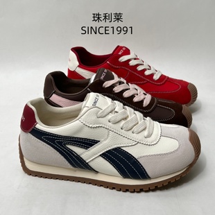 专柜正品2025珠利莱真皮拼色德训鞋女复古百搭休闲运动鞋德训女鞋