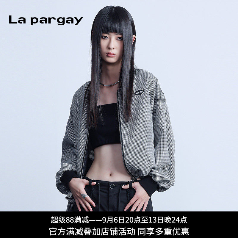 La pargay纳帕佳街头休闲风格纹短外套女立领双拉链设计感夹克衫