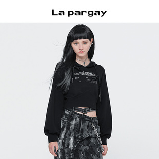 纳帕佳短款连帽纯棉卫衣2023秋冬新款黑色长袖套头设计感小众上衣