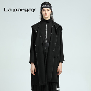 Lapargay納帕佳2023新款 冬季 黑色寬松休閑中長款 風衣毛呢外套 女裝