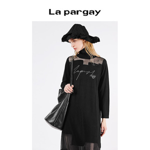 Lapargay纳帕佳2023新款女装黑色裙子个性时尚气质长袖高领连衣裙