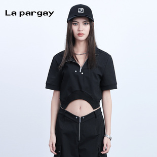 La pargay纳帕佳2024夏季新款高腰短款设计感上衣宽松短袖t恤露脐