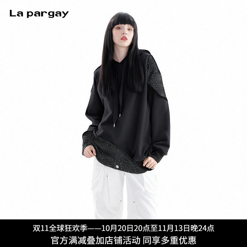 纳帕佳黑色宽松拼接连帽卫衣女款