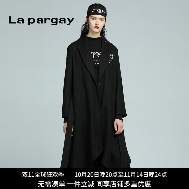 Lapargay纳帕佳2023新款女装冬季黑色中长款毛呢大衣休闲针织外套