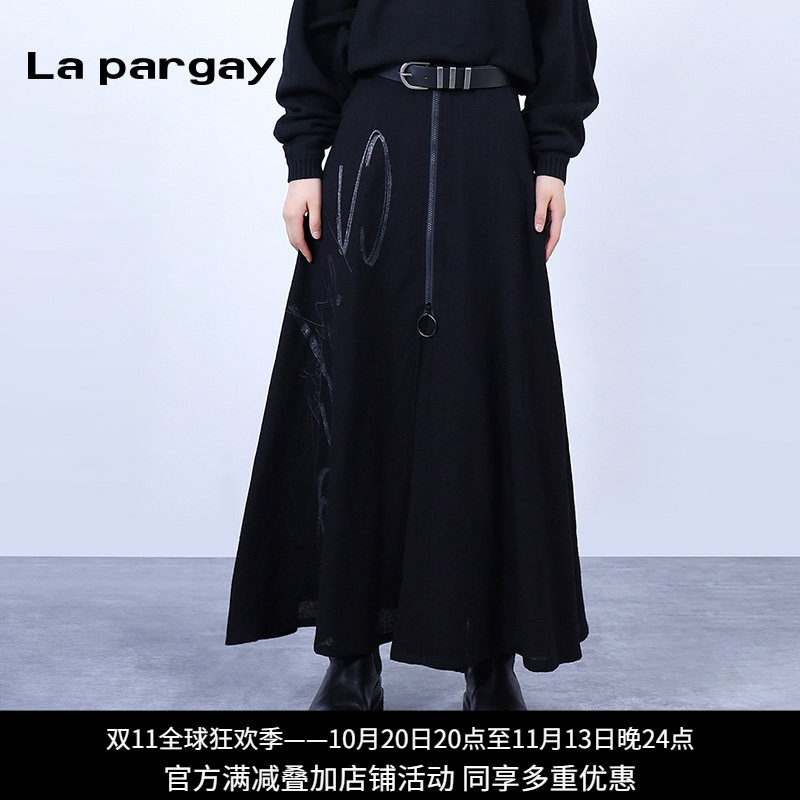 纳帕佳高腰长裙简洁半身裙2024秋冬新款女式黑色个性休闲宽松裙子