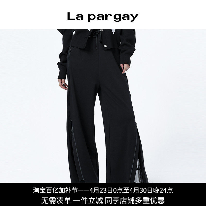 纳帕佳甜酷开衩阔腿裤2023秋冬新款女式黑色高腰宽松休闲百搭裤子