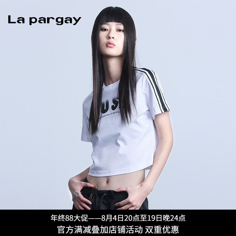 纳帕佳条纹露脐修身短袖T恤女