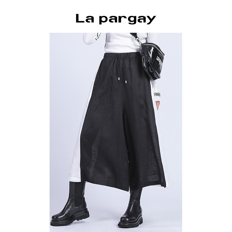 Lapargay纳帕佳2023秋冬新款女装黑色裤子百搭休闲女裤拼接阔腿裤