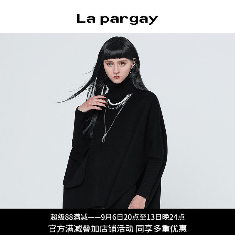 黑色高领斗篷长袖毛呢外套纳帕佳