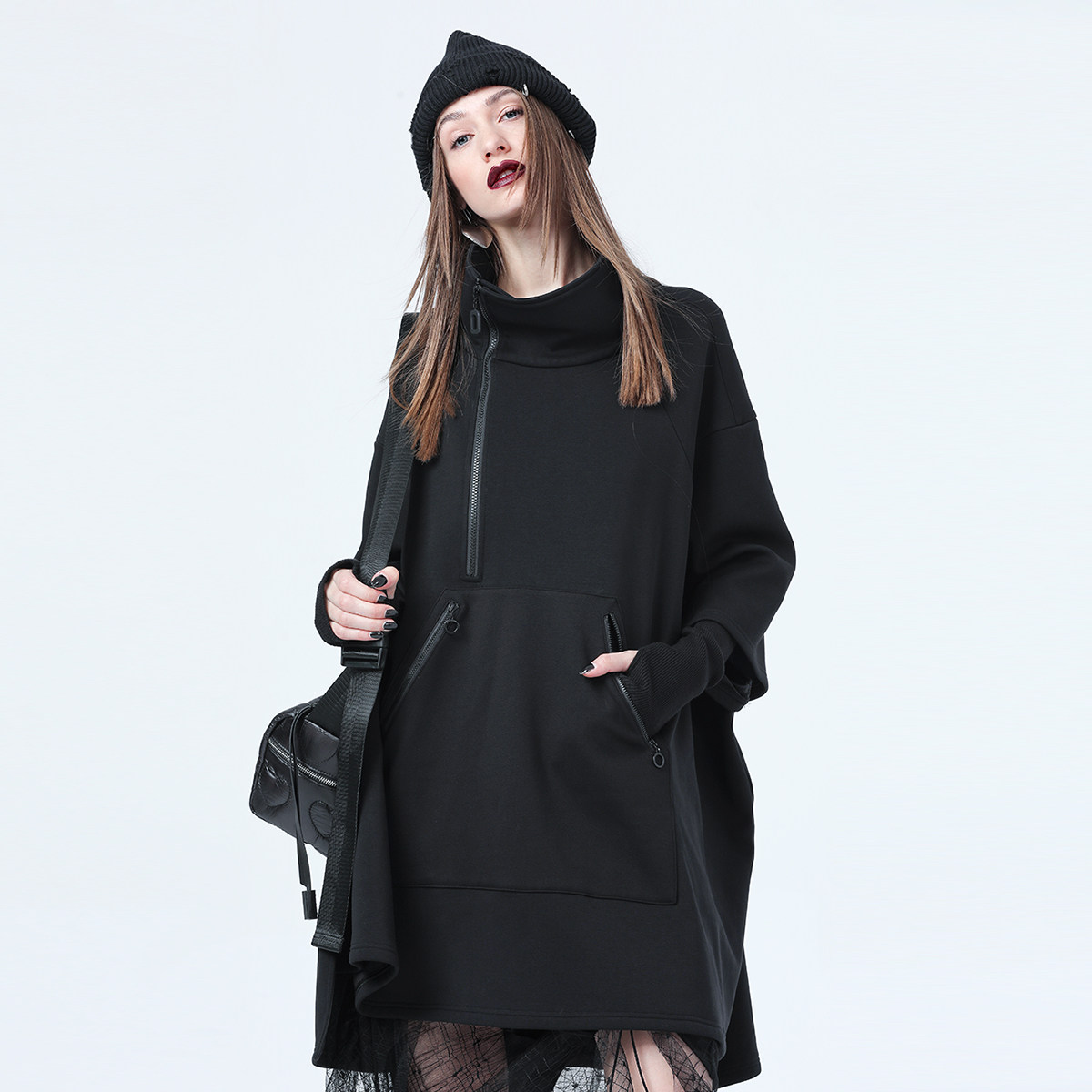 La pargay纳帕佳暗黑风黑色连帽卫衣女宽松拉链中长款廓形上衣