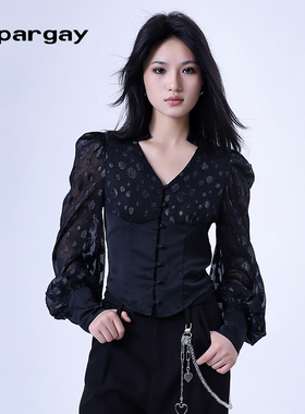 纳帕佳长袖V领雪纺衬衫2023秋季新款女式黑白色个性休闲小众上衣