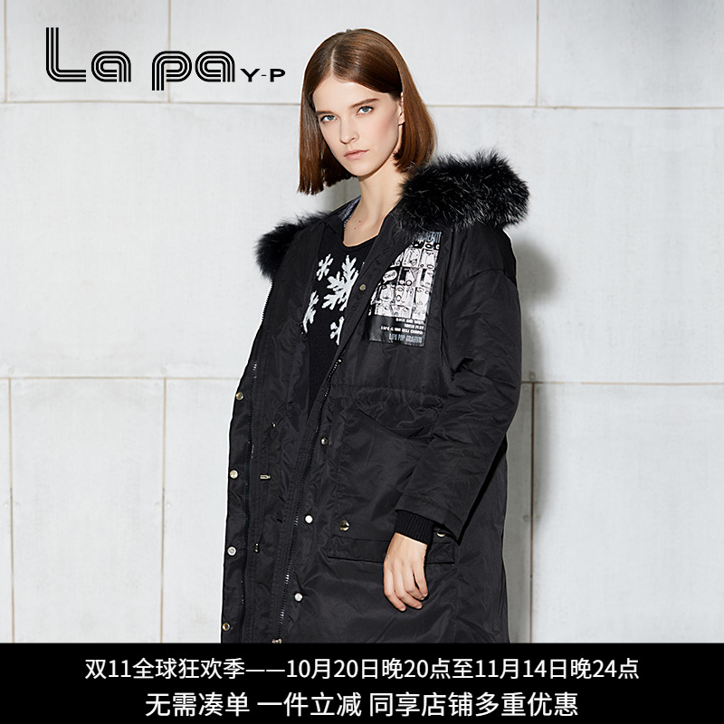纳帕佳La paY－PYP印花黑色秋冬连帽休闲外套中长款羽绒服女加厚