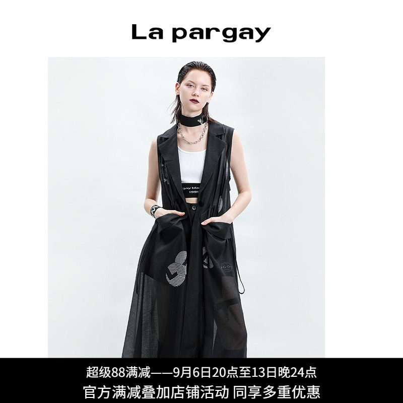 Lapargay纳帕佳2024夏季新款女装黑白色上衣休闲印花压褶长款马甲