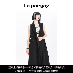 长款 Lapargay纳帕佳2023新款 休闲无袖 黑色上衣欧美时尚 马甲潮 女装