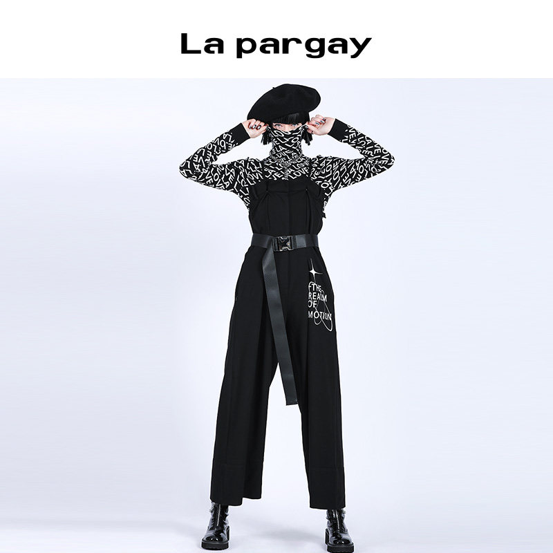 纳帕佳收腰阔腿连体裤2023秋冬新款女式黑色个性休闲宽松长款裤子