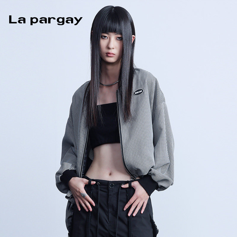 La pargay纳帕佳街头休闲风格纹短外套女立领双拉链设计感夹克衫