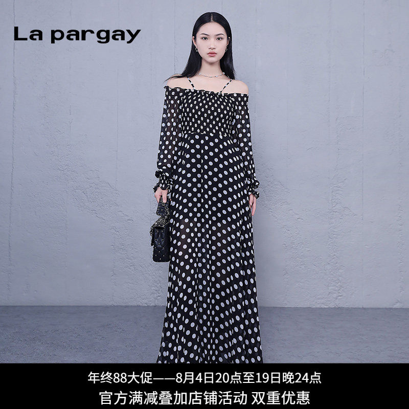 纳帕佳波点一字肩显瘦连衣裙